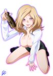  ashford_academy_uniform black_legwear blonde_hair breasts cleavage code_geass drunk highres kaname_aomame large_breasts long_hair looking_at_viewer milly_ashford purple_eyes school_uniform sitting skirt smile solo teeth tongue tongue_out wariza 