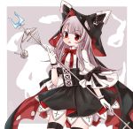  :o anchor azur_lane bangs black_cape black_skirt blush bow bowtie cape chain erebus_(azur_lane) eyebrows_visible_through_hair gloves grey_hair head_tilt high-waist_skirt highres holding hood hood_up hooded_cape index_finger_raised long_hair looking_at_viewer open_mouth red_eyes red_neckwear shimashiro_itsuki shirt short_sleeves skirt solo striped striped_legwear suspender_skirt suspenders thighhighs torn_clothes very_long_hair white_gloves white_shirt 