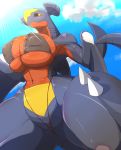  2018 big_breasts bikini blush breasts claws clothing dragon fdokkaku female garchomp huge_breasts nintendo nipples pok&eacute;mon pok&eacute;mon_(species) solo swimsuit thick_thighs video_games wide_hips 