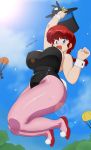  1girl blue_eyes blue_sky blush breasts bunnysuit erect_nipples erect_nipples_under_clothes female hat jumping mage_(artist) nipples p-chan pantyhose red_hair saotome_ranma shoes sky top_hat 