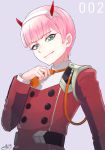  bangs commentary_request darling_in_the_franxx eyebrows_visible_through_hair genderswap genderswap_(ftm) green_eyes hairband horns military military_uniform orange_neckwear pink_hair smirk ssalbaram tongue tongue_out uniform white_hairband zero_two_(darling_in_the_franxx) 