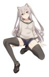  animal_ears black_legwear cat_ears commentary_request grey_hair highres kuroki_narumi long_hair ningen_(ningen96) red_eyes shorts sitting sweater thighhighs virtual_youtuber 