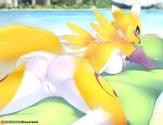  2017 anthro anus black_sclera blue_eyes blush breasts butt canine digimon female fur looking_back mammal nipples nude open_mouth pussy renamon solo tsampikos tuft wet yellow_fur 