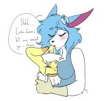  anthro blush bow_tie breasts canine clothed clothing crying cylus dialogue duo eeveelution english_text eyes_closed fan_character feline female gloves hug male mammal meowstic nintendo overalls pok&eacute;mon pok&eacute;mon_(species) shiny_pok&eacute;mon simple_background sleepytoy sylveon tears text toy_(sleepy_toy) video_games white_background 