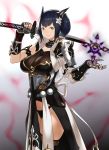  animal_ears black_hair bracer breasts commentary cowboy_shot final_fantasy final_fantasy_xiv fingerless_gloves gloves highres houtengeki katana large_breasts looking_at_viewer miqo'te smile solo sword twintails weapon yellow_eyes 