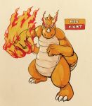  2017 3_toes 4_fingers ambiguous_gender anthro attack belly_scales biceps biped claws countershade_tail countershade_torso countershading dragon dragonite english_text eyebrows fak&eacute;mon featureless_crotch fighting_stance fire firefightdex fist foreshortening front_view frown full-length_portrait hatching_(technique) hi_res horn humanoid_hands long_tail looking_at_viewer marker_(artwork) mfanjul mixed_media multicolored_scales nintendo nude orange_horn orange_scales orange_tail overweight overweight_ambiguous pen_(artwork) pok&eacute;mon pok&eacute;mon_(species) portrait scales scalie shadow simple_background snout solo spread_legs spreading standing tan_scales tan_tail text toe_claws toes toony traditional_media_(artwork) two_tone_scales two_tone_tail video_games white_background white_claws white_eyes white_horn wide_stance 