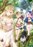  3girls :d ;) aqua_eyes bare_shoulders belt bike_shorts blonde_hair boots breasts commentary_request cow day dog elf forest hair_ornament holding_hands large_breasts light_rays long_hair medium_breasts monster_factory multiple_girls multiple_heads nature navel official_art one_eye_closed open_mouth outdoors pink_hair pointy_ears purple_eyes short_hair smile sunlight tree very_long_hair yano_mitsuki 