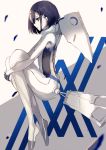  beckzawachi blue_eyes blue_hair bodysuit breasts darling_in_the_franxx expressionless full_body ichigo_(darling_in_the_franxx) leg_hug legs_together pale_skin pilot_suit profile short_hair skin_tight small_breasts solo white_bodysuit 