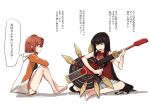  bangs barefoot black_hair closed_eyes clothes_writing commentary_request crossed_ankles crossed_arms electric_guitar fate/grand_order fate_(series) fujimaru_ritsuka_(female) guitar hands_on_own_knees hood instrument long_hair long_sleeves looking_at_another medium_hair multiple_girls music nemu_(sleeeeepming) oda_nobunaga_(fate) oda_nobunaga_(swimsuit_berserker)_(fate) open_mouth orange_hair playing_instrument shadow shirt side_ponytail singing sitting sleeveless sleeveless_shirt thought_bubble translation_request very_long_hair white_background 