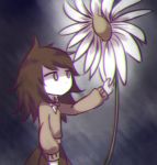  bags_under_eyes brown_hair care chromatic_aberration daisy flower messy_hair muted_color no_mouth pale_skin petscop pulling solo wide-eyed yatsunote 