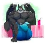  anthro bulge canine clothed clothing hybrid hyper hyper_bulge looking_at_viewer male mammal musclegut muscular muscular_male pubes siriusdog smile solo topless wings 