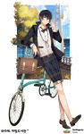  bad_id bad_pixiv_id bangs belt belt_buckle bicycle black_hair blue_eyes brown_belt buckle carchet commentary earrings glasses ground_vehicle hair_between_eyes highres holding jewelry looking_at_viewer official_art plaid plaid_shorts qurare_magic_library short_hair shorts smile solo 