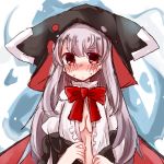 azur_lane bangs black_bow black_hat blush bow bowtie breasts closed_mouth erebus_(azur_lane) eyebrows_visible_through_hair grey_hair hat highres long_hair looking_at_viewer medium_breasts nose_blush open_clothes open_shirt puffy_short_sleeves puffy_sleeves red_eyes red_neckwear shimashiro_itsuki shirt short_sleeves sidelocks sketch solo sweat torn_clothes torn_hat undressing very_long_hair white_background white_shirt 