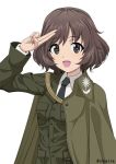  :d akiyama_yukari alternate_costume bangs black_neckwear bonple_military_uniform brown_eyes brown_hair brown_jacket capelet check_commentary commentary_request dress_shirt eyebrows_visible_through_hair fourragere girls_und_panzer girls_und_panzer_ribbon_no_musha inoshira jacket long_sleeves looking_at_viewer messy_hair military military_uniform necktie open_mouth salute shirt short_hair simple_background smile solo standing twitter_username two-finger_salute uniform upper_body white_background white_shirt wing_collar 