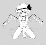  bare_arms bare_shoulders bra chen_bin fang_out flandre_scarlet full_body grey_background greyscale hat hat_ribbon head_tilt highres light_smile looking_at_viewer mob_cap monochrome panties pointing pointing_at_self ribbon simple_background sitting sketch solo thighhighs touhou underwear underwear_only watermark weibo_logo weibo_username wings 