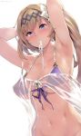 armpits arms_up bangs bare_shoulders bikini blonde_hair blue_eyes blush breasts collarbone commentary_request diadem flower granblue_fantasy hair_flower hair_ornament highres jeanne_d'arc_(granblue_fantasy) kurowa large_breasts long_hair looking_at_viewer mouth_hold navel purple_bikini simple_background solo swimsuit twitter_username tying_hair white_background 