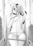  ass back blush cowboy_shot dimples_of_venus from_behind greyscale hair_ornament long_hair looking_at_viewer looking_back monochrome monster_factory official_art panties pov pov_hands profile shoulder_blades solo_focus sparkle tape_measure thigh_gap topless underwear underwear_only yano_mitsuki 