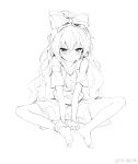  absurdres bangle bare_legs barefoot bow bracelet chen_bin closed_mouth drawstring feet full_body greyscale hair_between_eyes hair_bow highres hood hoodie jewelry long_hair looking_at_viewer miniskirt monochrome simple_background sitting sketch skirt soles solo touhou very_long_hair watermark weibo_logo weibo_username white_background yorigami_shion 