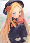  2017 :&lt; abigail_williams_(fate/grand_order) artist_name bangs black_bow black_dress black_hat blonde_hair bloomers blue_eyes blush bow bug butterfly closed_mouth commentary dress eyebrows_visible_through_hair fate/grand_order fate_(series) flower forehead grey_background hair_bow hat highres insect long_hair long_sleeves looking_at_viewer object_hug orange_bow parted_bangs pink_flower polka_dot polka_dot_bow sleeves_past_fingers sleeves_past_wrists solo stuffed_animal stuffed_toy teddy_bear tragobear underwear v-shaped_eyebrows very_long_hair white_bloomers 