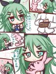  1boy 1girl =_= admiral_(kantai_collection) bangs black_ribbon black_shirt blue_eyes blue_neckwear blush blush_stickers closed_eyes closed_mouth comic commentary detached_sleeves eyebrows_visible_through_hair gloves green_hair hair_between_eyes hair_ornament hair_ribbon hairclip head_out_of_frame heart holding holding_stuffed_animal jacket kantai_collection komakoma_(magicaltale) long_hair long_sleeves military_jacket money neckerchief object_hug open_mouth pants parted_lips ponytail price_tag ribbon shirt smile stuffed_animal stuffed_bunny stuffed_toy translated very_long_hair wallet white_gloves white_jacket white_pants wide_sleeves yamakaze_(kantai_collection) yen_sign 