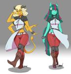  4_arms anthro blonde_hair boots clothed clothing demon dsan duo equine female footwear hair horn humanoid looking_at_viewer makeup mammal multi_arm multi_limb smile wide_hips 