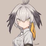  artist_name bird_wings breast_pocket closed_mouth collared_shirt commentary expressionless feathered_wings green_eyes grey_hair grey_shirt hair_between_eyes head_wings ivan_wang kemono_friends looking_at_viewer low_ponytail multicolored_hair necktie pocket shirt shoebill_(kemono_friends) short_sleeves solo staring white_neckwear wings 