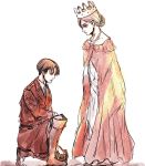  1girl artist_request christa_renz crown dress highres levi_(shingeki_no_kyojin) long_dress one_knee queen serious shingeki_no_kyojin simple_background 