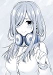  bangs blue blush breasts buttons cardigan clenched_hand closed_mouth collared_shirt emblem go-toubun_no_hanayome greyscale hair_over_one_eye hair_over_shoulder hand_up headphones headphones_around_neck irino light_smile long_hair long_sleeves looking_at_viewer medium_breasts monochrome nakano_miku school_uniform shiny shiny_hair shirt sidelocks simple_background smile solo straight_hair swept_bangs triangle upper_body 