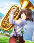  :d absurdres bird blue_sky brown_eyes brown_hair cloud day euphonium green_ribbon grey_sweater hair_ribbon highres holding holding_instrument instrument kishida_mel open_mouth outdoors pleated_skirt red_skirt ribbon school_fanfare short_hair skirt sky smile solo standing sweater 