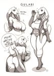  ! ... 2018 3_fingers ?! anthro apron bent_over big_ears biped breasts caprine character_name cleavage clothed clothing dialogue digital_media_(artwork) english_text exposed_breasts female flying_sweatdrops food gloves goat greyscale gulabi hi_res holding_object hooved_fingers hooves horn jewelry legwear long_ears looking_at_viewer mammal monochrome navel necklace nipples pie secretly_saucy shirt signature simple_background smile solo speech_bubble standing stockings sweat sweatdrop text thong underwear unseen_character waving white_background 