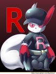  bulge claws clothed clothing fur hat maehdoggie male mammal nintendo penis_outline pok&eacute;mon pok&eacute;mon_(species) rubber simple_background smile team_rocket uniform video_games white_fur zangoose 