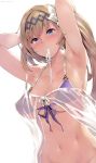  armpits arms_up bangs bare_shoulders bikini_top blonde_hair blue_eyes blush bottomless breasts collarbone diadem flower granblue_fantasy hair_flower hair_ornament highres jeanne_d'arc_(granblue_fantasy) kurowa large_breasts long_hair looking_at_viewer mouth_hold navel out-of-frame_censoring purple_bikini_top simple_background solo twitter_username tying_hair white_background 