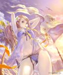  armpits arms_up ass_visible_through_thighs bangs banner bikini bird blonde_hair blue_eyes blush breasts cloud contrapposto cowboy_shot cygames evening flower front-tie_bikini front-tie_top granblue_fantasy hair_flower hair_ornament hairband hairdressing hibiscus highres hisakata_souji jeanne_d'arc_(granblue_fantasy) lens_flare light_rays long_hair looking_at_viewer medium_breasts mouth_hold navel outdoors palm_tree purple_bikini purple_ribbon ribbon see-through sheath sheathed shingeki_no_bahamut solo standing stomach sunbeam sunlight sunset swimsuit sword thighs tree tying_hair underboob very_long_hair weapon 