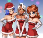  3girls aqua_(kingdom_hearts) bell_choker bell_collar blue_eyes blue_hair brown_hair christmas elbow_gloves kingdom_hearts mario_(series) multiple_girls nintendo original_character princess_daisy santa_costume square_enix super_mario_bros. super_mario_land white_gloves white_hair 