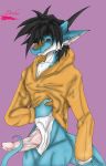  anthro black_sclera bottomless claws clothed clothing dragon dreke_cheberoths erection hoodie horn male penis randomdragon red_eyes scalie smile solo 