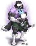  anthro bulge canine clothed clothing daigo duo filut hyper hyper_bulge kimbyfox lagomorph male male/male male_pregnancy mammal muscular muscular_male nipple_bulge pregnant rabbit size_difference smile tongue tongue_out 