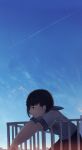  against_railing black_eyes black_hair blue_sky commentary_request day expressionless highres leaning_on_object looking_away mifuru original profile railing sailor_collar school_uniform short_hair sky 
