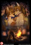  anthro azaleesh black_nose braided_hair breasts brown_fur brown_hair brown_nose campfire canine comic coyote feathers female female/female fur hair hand_holding hug kaliska_(abananaman) mammal multicolored_fur nature nude nuzzling orange_fur pawpads romantic tala_(abananaman) tan_fur tree tribal wolf 