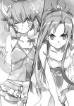  ;) abec argo_the_rat asuna_(sao) banana breasts cleavage collarbone cowboy_shot dress food fruit greyscale head_tilt highres leaning_forward looking_at_viewer monochrome multiple_girls navel novel_illustration official_art one_eye_closed short_dress short_hair short_shorts shorts sleeveless sleeveless_dress small_breasts smile standing swimsuit sword_art_online whisker_markings white_dress 