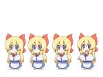  animated animated_gif apron arms_at_sides arms_up black_burakku blonde_hair blue_dress bow capelet chibi closed_mouth dress long_hair long_sleeves multiple_girls music open_mouth purple_eyes red_bow red_neckwear shanghai_doll singing smile touhou 