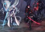  2girls adsouto armor black_hair blue_eyes blue_eyes_white_dragon commentary_request commission cosplay dragon duel_monsters glowing_eyes looking_at_viewer multiple_girls raven_branwen red_eyes red_eyes_black_dragon rwby sword white_hair winter_schnee yu-gi-oh! 