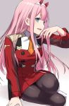  aqua_eyes bangs commentary_request darling_in_the_franxx hairband highres hiraga_matsuri horns long_hair pantyhose pink_hair shiny shiny_hair solo straight_hair uniform white_hairband zero_two_(darling_in_the_franxx) 