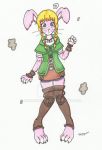  ! 2015 ? anthro blonde_hair blue_eyes clothed clothing cqmorrell female fur hair lagomorph linkle mammal nintendo pigeon_toed pink_fur post_transformation rabbit simple_background solo standing surprise the_legend_of_zelda video_games white_background 