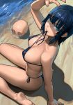  1girl arm_support ass bald bangs bare_arms bare_legs bare_shoulders barefoot bikini black_bikini black_ribbon blue_bikini blue_eyes blue_hair blunt_bangs breasts cleavage collarbone covering_face from_above fubuki_(one-punch_man) highres large_breasts lasterk looking_at_viewer looking_up mouth_hold ocean on_ground one-punch_man ribbon saitama_(one-punch_man) sand shadow shiny shiny_hair shore short_hair side-tie_bikini sitting soles solo_focus string_bikini submerged sunlight swimsuit tsurime untied untied_bikini wariza water 