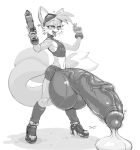  &lt;3 2016 anthro anthrofied balls boots bulge canine clothed clothing cosplay erection erection_under_clothes eyewear footwear fox fur girly goggles gun hi_res hyper hyper_penis male mammal metroid midriff miles_prower monochrome navel nintendo penis precum ranged_weapon samus_aran signature simple_background smile snao solo sonic_(series) vein video_games weapon white_fur 