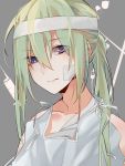  bandaged_head bandages bandaid bandaid_on_face blue_eyes commentary commentary_request fate/grand_order fate_(series) green_hair grey_background hair_between_eyes hospital_gown kingu_(fate) long_hair looking_at_viewer male_focus partial_commentary pill portrait ribbon shakya. solo syringe white_ribbon 