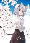  adapted_costume akagashi_hagane alternate_costume animal_ears black_skirt blue_sky cherry_blossoms commentary grey_hair jewelry looking_at_viewer mouse_ears mouse_tail nazrin open_mouth pendant red_eyes shirt short_hair skirt sky smile solo tail touhou white_shirt 