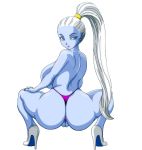  1girl angel_(dragon_ball) ass blue_eyes blue_skin breasts dragon_ball dragon_ball_super eyebrows long_hair looking_back nail_polish panties ponytail simple_background solo squatting thong tied_hair underwear vados_(dragon_ball) white_background white_hair 