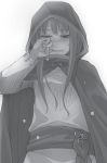  ayakura_juu blush cape crying crying_with_eyes_open eyebrows_visible_through_hair from_below greyscale holo hood hooded long_hair monochrome novel_illustration official_art simple_background solo spice_and_wolf standing tears upper_body white_background 