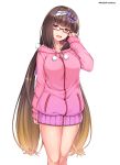 :d adjusting_eyewear arm_at_side benitsuki_tsubasa blonde_hair blush bow breasts brown_hair drawstring fate/grand_order fate_(series) feet_out_of_frame glasses hair_bow hairband half-closed_eyes hand_up head_tilt hood hoodie legs_together long_hair long_sleeves looking_at_viewer low_twintails medium_breasts no_pants open_mouth osakabe-hime_(fate/grand_order) pink_hoodie pocket pom_pom_(clothes) purple_bow red-framed_eyewear red_eyes simple_background sleeves_past_wrists smile solo standing thighs twintails twitter_username two-tone_hairband very_long_hair white_background zipper 